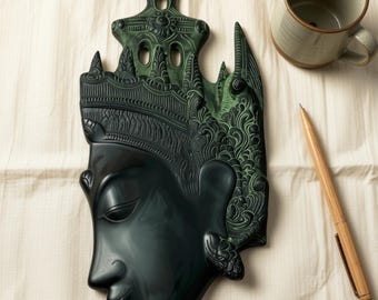 Vintage Brass Tara Goddess Mask Wall Hanging, Tibetan Buddhist Yasodhara Face Plaque, Zen Meditation Room Decor, Green Verdigris Bronze Bust