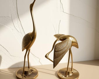 Vintage Brass Crane Pair, Mid Century Modern Heron Figurines, Hollywood Regency Solid Brass Egret Statues, MCM Coastal Bookshelf Decor Set