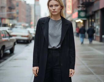 Vintage Y2K Hilliard & Hanson Longline Blazer Jacket Size XS Black Stretch Knit Notched Lapel Duster Cardigan 90s Minimalist Office