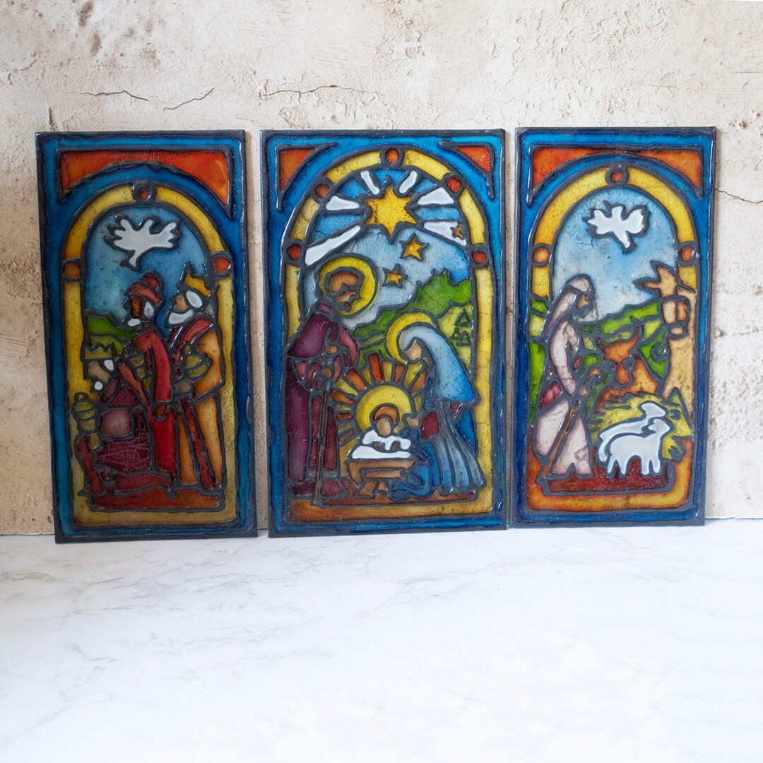 Vintage Stained Glass Nativity Scene 3 Separate Panels Etsy