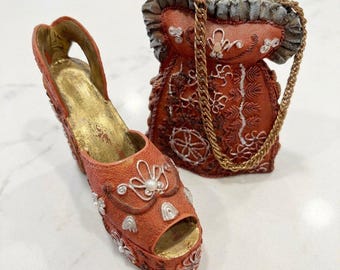 Vintage Turtle King Corp Miniature Peep Toe Shoe and Handbag Figurine Set Red Victorian Style Resin Fashion Collectibles