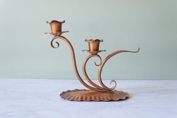 Vintage Gregorian Copper Scroll Work Swirled Candlestick Holder
