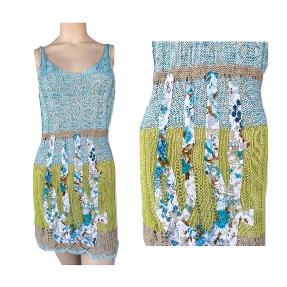 90's Vintage Floral Knit Dress, Blue & Green Knit… - image 1