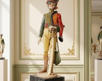 May include: A standing figurine of a soldier wearing a dark green and red uniform with gold braided detailing, yellow trousers, and brown boots. The soldier wears a tall dark hat and holds a long sword with a white scabbard on a black marble base.