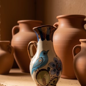 May include: A cream-colored ceramic pitcher featuring a hand-painted blue bird and floral motif, positioned in the foreground among several unglazed terracotta vessels with rounded bodies and side handles.