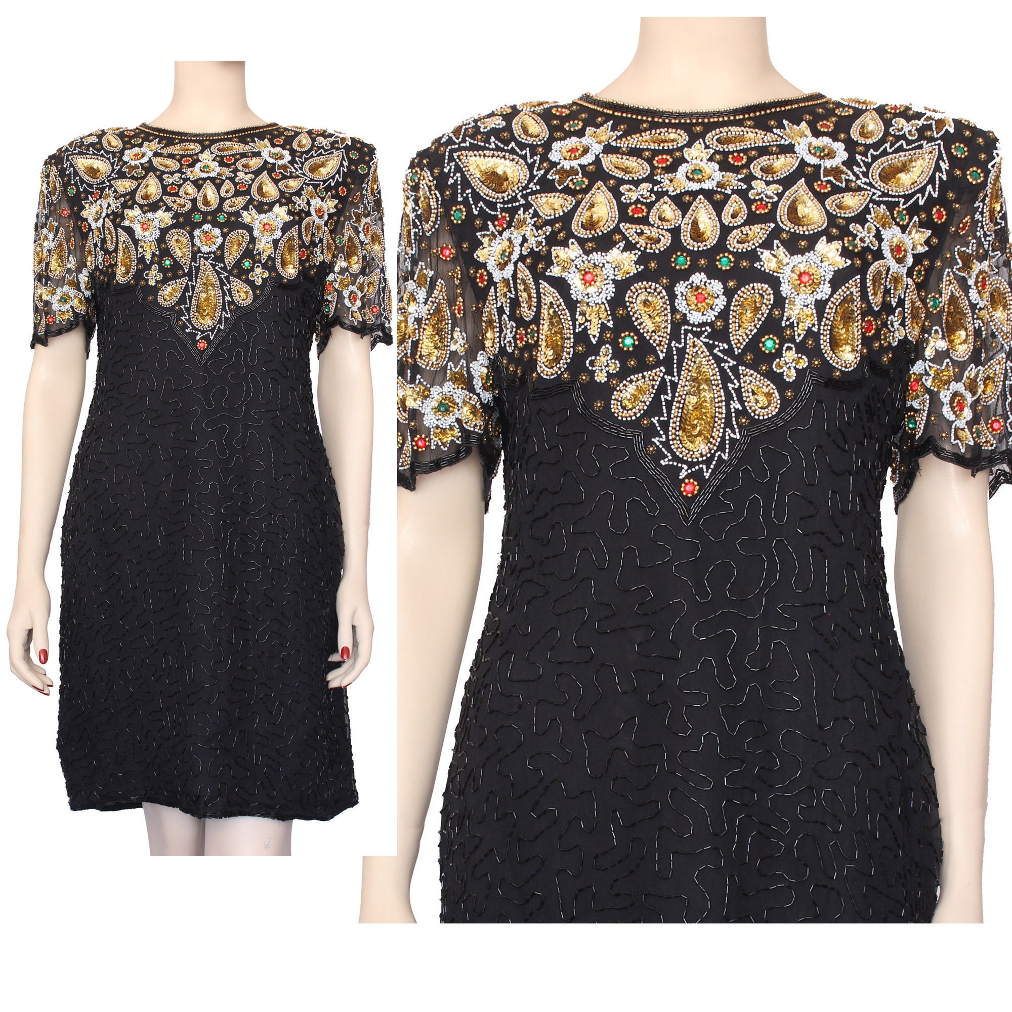 パーティードレス Black Beaded Silk Dress Vintage Jones New York Black Beaded Silk Dress Size 10P | eBay