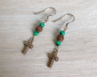 Sterling Silver & Genuine Stone Beaded Cross Earrings-Dainty Earrings-Statement Earrings-Silver Earrings-Drop Earrings-Dangle Earrings-Cross