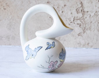 Retro Abstract Ceramic Water Pitcher Jug With Hand-painted Birds