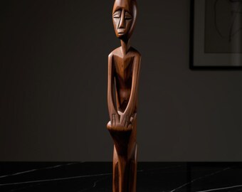 Vintage Hand Carved Wood African Drummer Figurine Mid Century Modern Tribal Folk Art Hardwood Sculpture