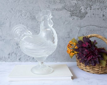 Vintage L.E. Smith Clear Glass Rooster Covered Candy Dish Bowl Trinket Box