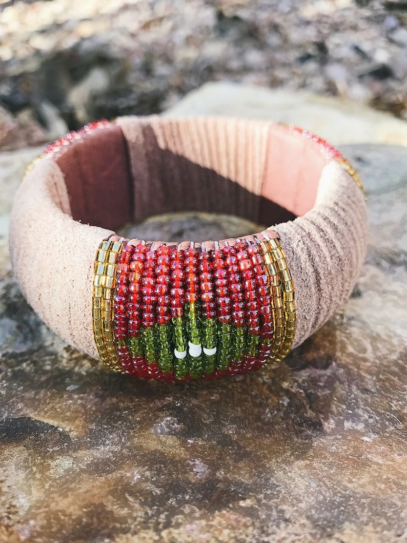 Suede Bracelet-Chunky Bracelet-Beaded Bracelet-Tribal Bracelet image 1