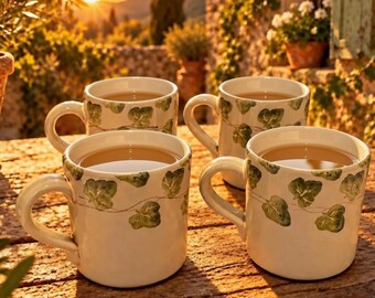 Vintage Nicola Fasano Grottaglie Mugs Set of 4, Hand Painted Italian Pottery Ivy Coffee Cups, CNF Italy Puglia Earthenware Grandmillennial