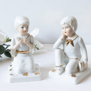 Vintage Little Boy & Girl White and Gold Porcelain Figurines