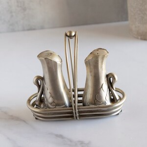 Mid Century Modern French Style Swan Salt and Pepper Shakers in a Tray Basket
