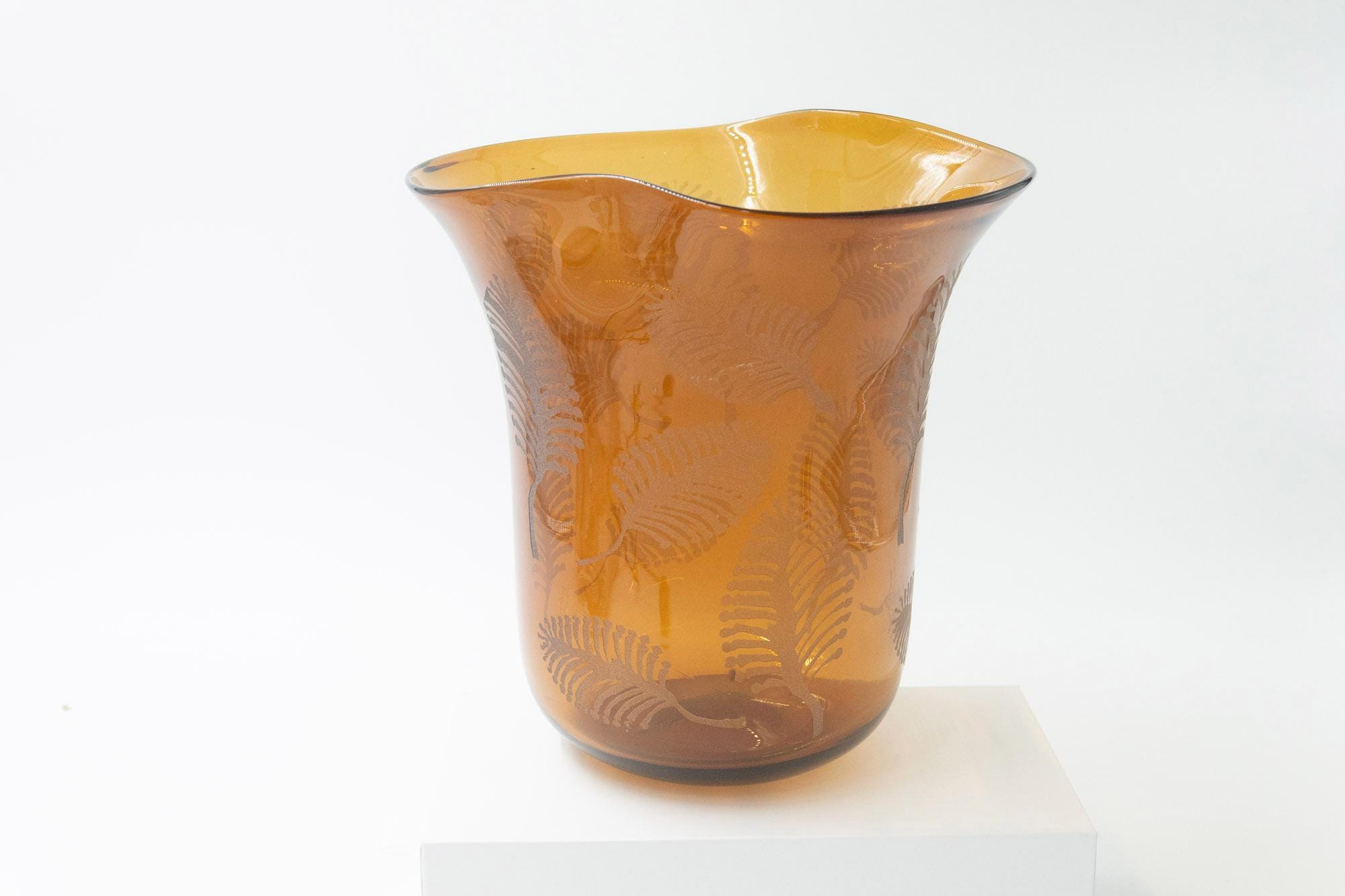 Vintage Large Honey Amber Vase With Fall Leaves Motif or Hurricane Candleholder