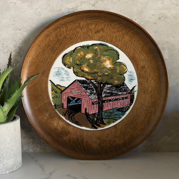 Vintage 1980's Woodbury Woodware Hand Turned Vermont Plate w/Tile Center Covered Bridge.