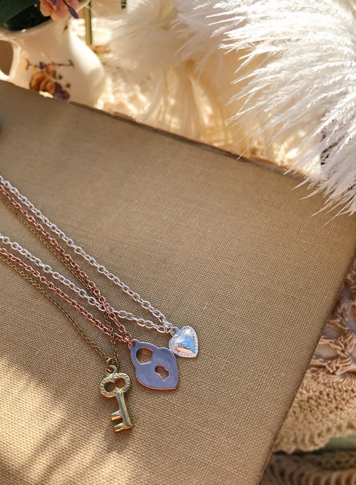 Delicate Layered Necklace, Heart, Key, Locket, Gift for Her, Set of 3 ...