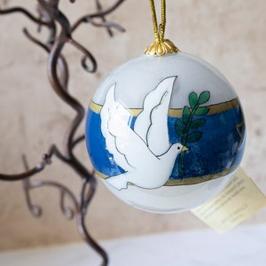 A Rare Midwest Christmas Ornament of a Dove and Shalom Glass Ball Ornament