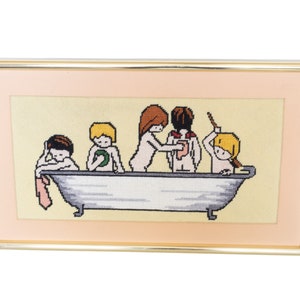 Precious Family Bathing, Kids Bathing Needlepoint Art