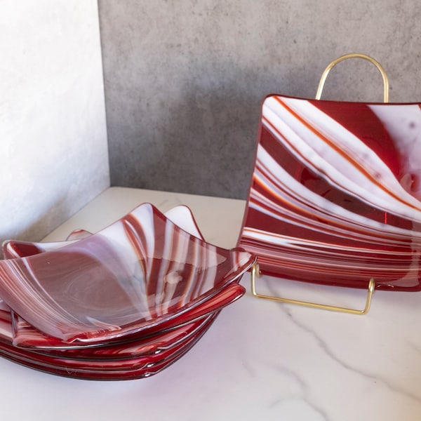 Red & White Fused Glass Peppermint Swirl Set of 6 Plate/Appetizer Plate Set