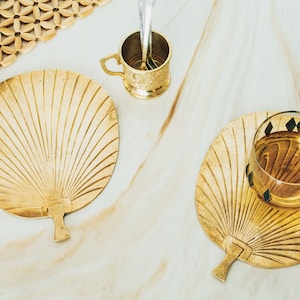 Antique Art Deco Solid Brass Set of Trivets/Hot Plates Ginkgo Leaf/Fan Design