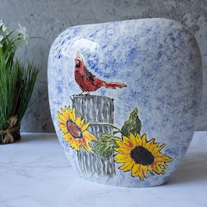Vintage Spongeware Cardinal Bird Vase with Sunflowers