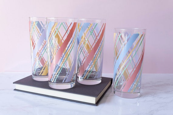 Vintage 80s Pastel Striped Drinking Glasses Set of 4