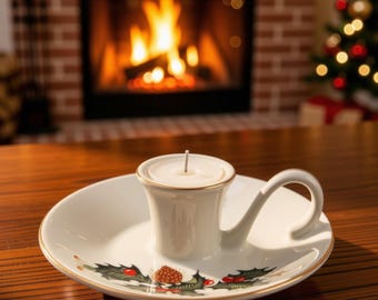 Vintage Christmas Holly Chamberstick Candle Holder Porcelain Finger Loop Candlestick Gold Trim 1970s Made in Japan Holiday Table Centerpiece
