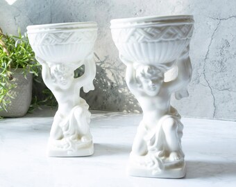 Vintage Mid 20th Century Cream Ceramic Cherub Vases Candle Holders - a Pair