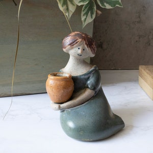 Planter Woman Holding Figurine Vintage Multicolor Stoneware Speckled