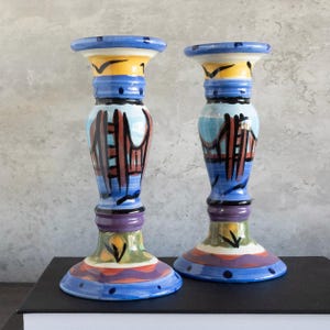 Mexican Studio Art Pottery Candle Holders Set of 2 Candlesticks Signed