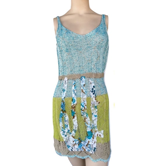 90's Vintage Floral Knit Dress, Blue & Green Knit… - image 2