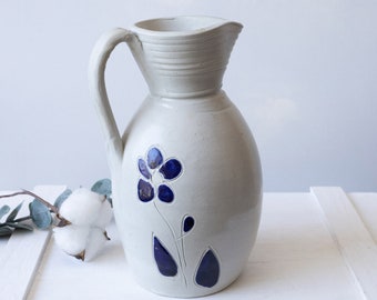 Williamsburg Pottery (Virginia, USA) Salt Glazed Stoneware Handled Pitcher with Blue Flower