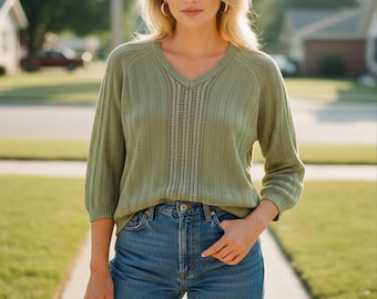 Vintage 90s LizGolf Green Cotton Knit Sweater Petite Small PS Deadstock NWT 3/4 Sleeve