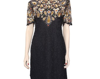 Laurence Kazar Black Silk Sequin Beaded Dress Size Large