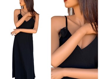 Minimalist Slip Dress/Litting Black Dress/Sleeveless