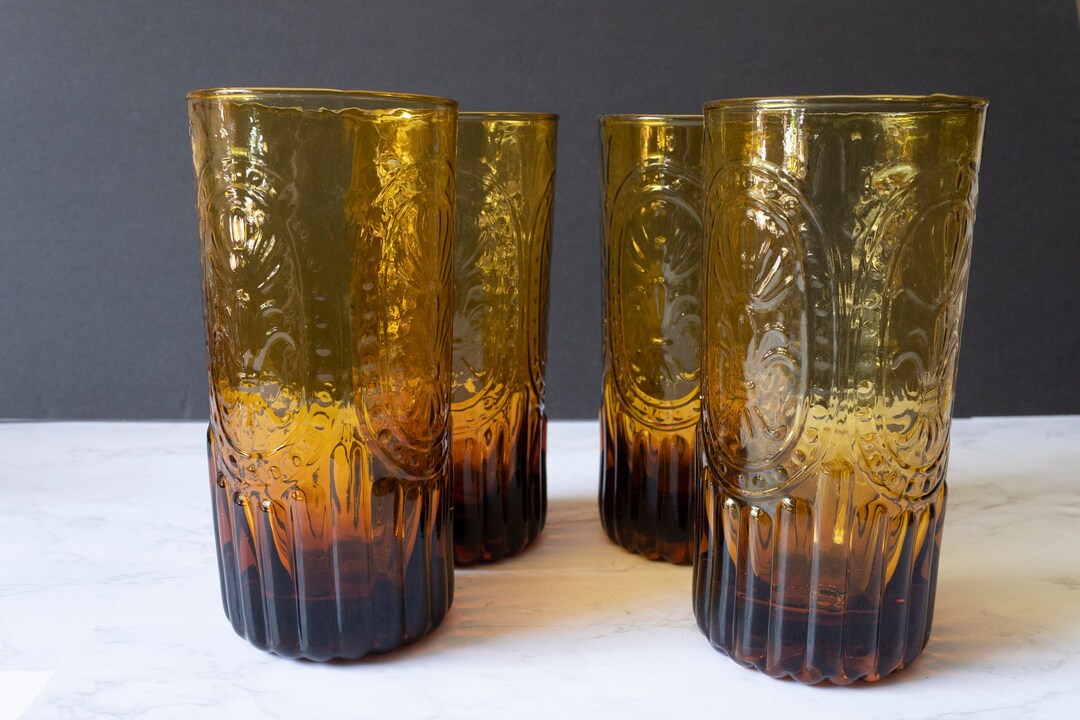 Embossed Amber Glass Amber Tumblers Fleur De Lis Set of 4 20 Oz. 6 1/4