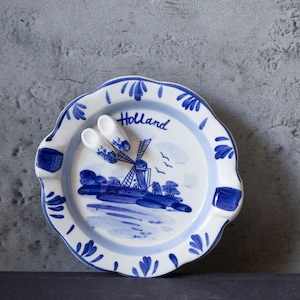 Vintage Delft Blue Holland Astray with Dutch Shoes and Hand Painted Windmill