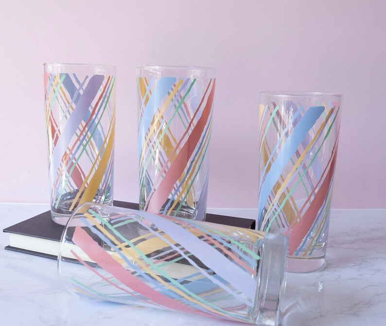 Vintage 80s Pastel Striped Drinking Glasses Set of 4 image 8