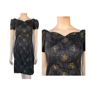 All That Jazz Dress, Black Gold Dress, Scalloped Neck Off Shoulder Dress, 80&#39;s Vintage -Party Dress-Cocktail Dress-Retro Dress-Vintage Dress