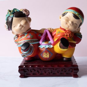 Darling Vintage Asian Boy & Girl Statue on Wood Base