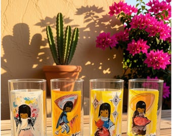May include: A set of four clear glass tumblers, each featuring a colorful illustration of a child in traditional attire. The designs include vibrant yellow, orange, and white backgrounds with painted figures holding items like a pig and a basket.