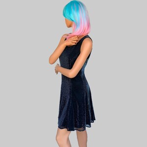 90's Vintage Midnight Blue Metallic Sleeveless Dress by Be Smart Features Tie Back