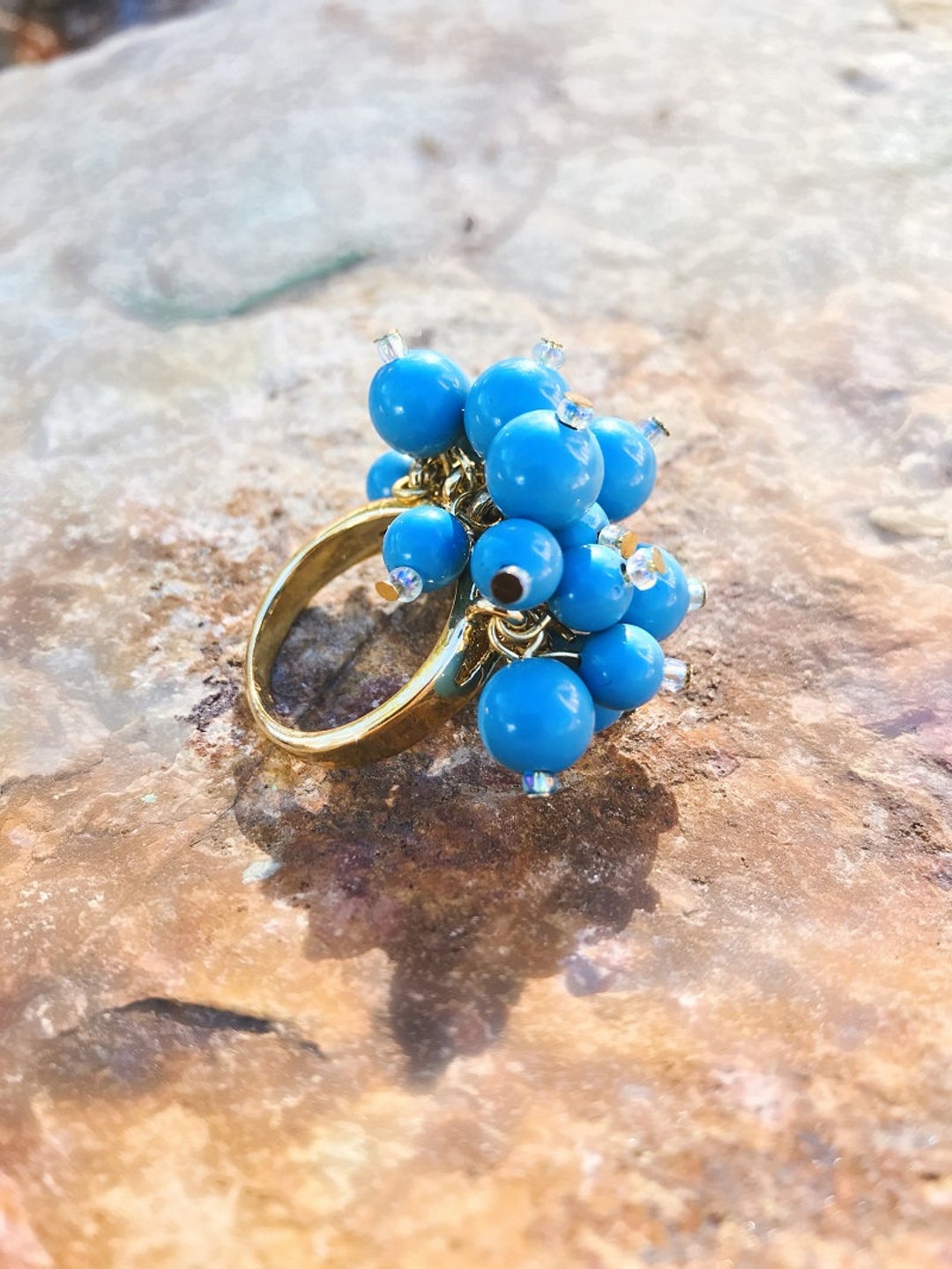 Blue Ring-blue Beaded Statement Ring, Gold Tone, Multi Beads, Fun, Gift ...