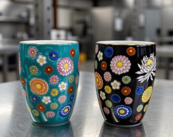 Vintage Chadwick Japan Floral Porcelain Teacup Set of 2 Mid Century Black Teal Hand Painted Ceramic Cups