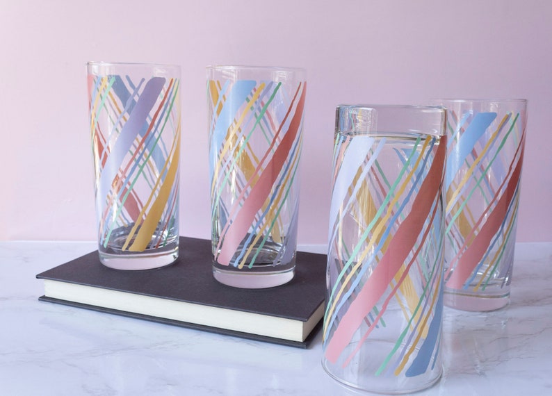 Vintage 80s Pastel Striped Drinking Glasses Set of 4 image 7