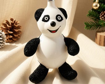 Vintage Blown Glass Panda Bear Christmas Ornament – Hand Painted Smiling Panda Holiday Tree Decor, Retro Christmas Collectible