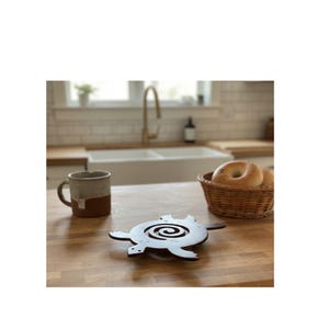 May include: A wooden kitchen scene with a brown and white mug, a woven basket of bagels, and a dark-colored turtle-shaped trivet. The trivet is on a wooden countertop. A white sink and window are in the background.