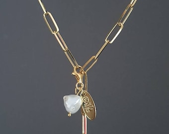 Wide link chain gold with pearls, pendant, Y chain