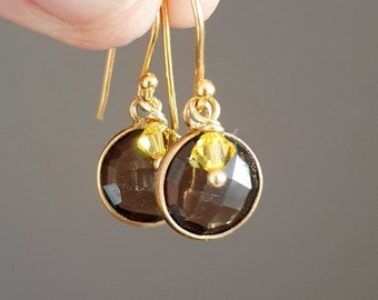 Smoky Quartz Earrings, Gold Plated Silver Earrings with Gemstone, Dangling Boho Earrings